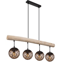 GLOBO Hängeleuchte Esszimmer Hängelampe Holzbalken Esstischleuchte Kugeln amber, schwarz, 4x E27 Fassungen, LxBxH 90x15x120 cm