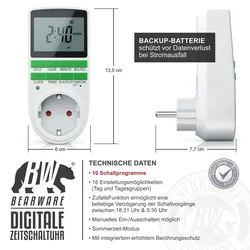 BEARWARE - Zeitschaltuhr digital - 2,1 LCD-Display 5,3 cm - 3680W - Digital-Zeitschaltuhr mit 10 konfigurierbaren Programmen - Back-Up Reserve-Akku