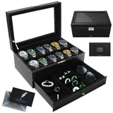 KIMIGO Uhrenbox mit 2 Ebenen,Uhrenbox Schmuck Uhr Aufbewahrungsbox mit Glasdeckel,Uhrenkasten schmuckkästchen Uhrenkoffer 12 Fächer und 1 Schublade für Uhren,Ringe,Geschenk für Freund,Vatertag