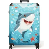 NoBoringSuitcases.com© Kinderkoffer Animation Hai schwimmt im Wasser 77 cm - 98 L, 8 Rollen, Großer Reisetasche mit Rollen für 30kg, Kinderkoffer bunt 51.5 cm x 77 cm x 28 cm