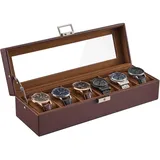 ProCase Uhrenbox mit 6 Fächern, Uhrenkasten Uhrenaufbewahrung aus PU-Leder Watch Box mit Glasdeckel -Espresso