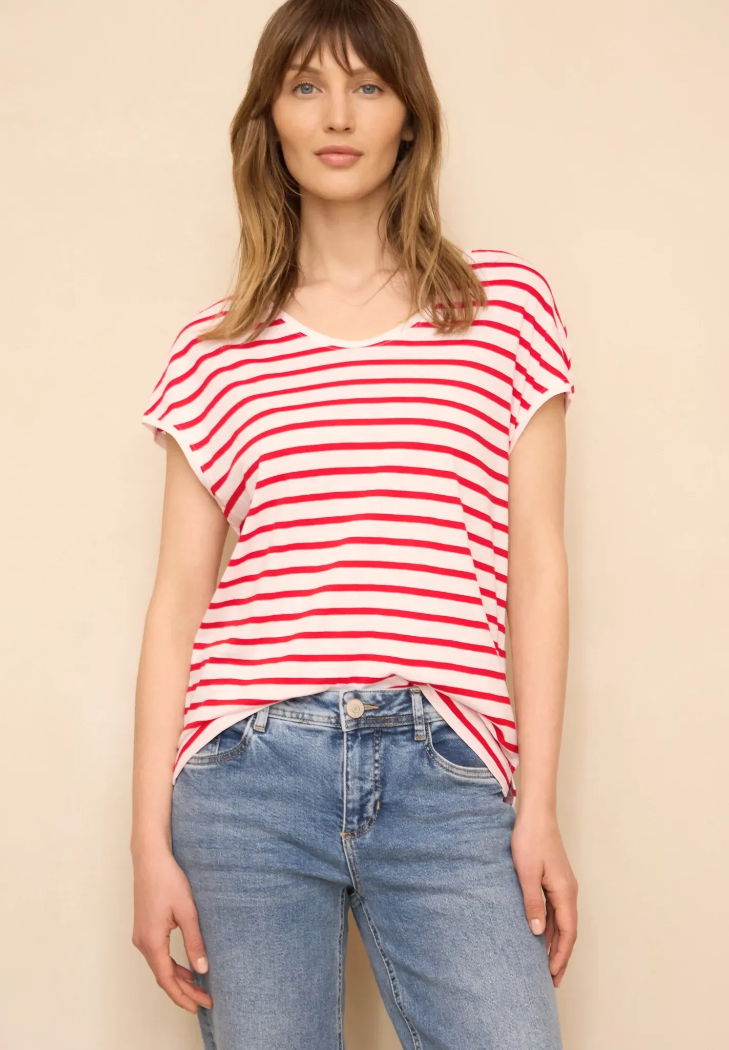V-Shirt STREET ONE STUDIO, Damen, Gr. 44, chili rot, Web, 50% Modal, 50% Baumwolle, gestreift, normal normal, V-Ausschnitt, Bündchen, Shirts, im Streifen-Design