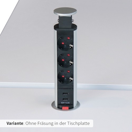 Hammerbacher Elektrifizierung - Steckdosen-Tower versenkbar aus Aluminium / Anschlüsse: 3 VDE Steckdosen & 2 USB-Charger / Einbau: Ohne Fräsung