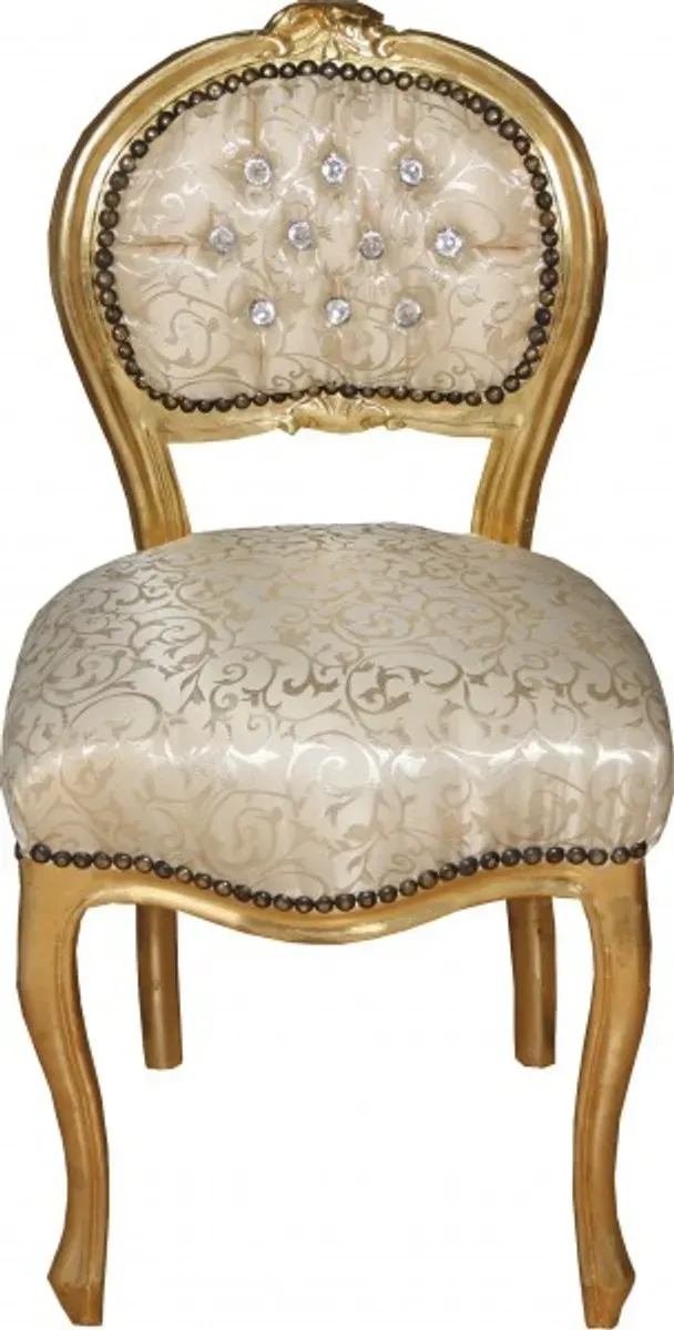 Casa Padrino Barock Damen Stuhl Creme Muster / Gold mit Bling Bling Glitzersteinen - Schminktisch Stuhl