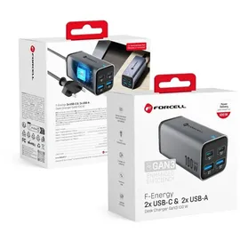 forcell GaN Tischladegerät 2 x Typ C + 2 x USB A PD QC4.0 SFC2.0 5A 100W Grau | Gr.: onesize