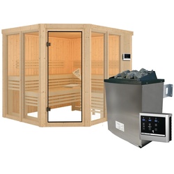 Karibu Sauna Ainur 3 Superior mit Eckeinstieg 68 mm Ohne Dachkranz 9 kW Ofen inkl. Steuergerät