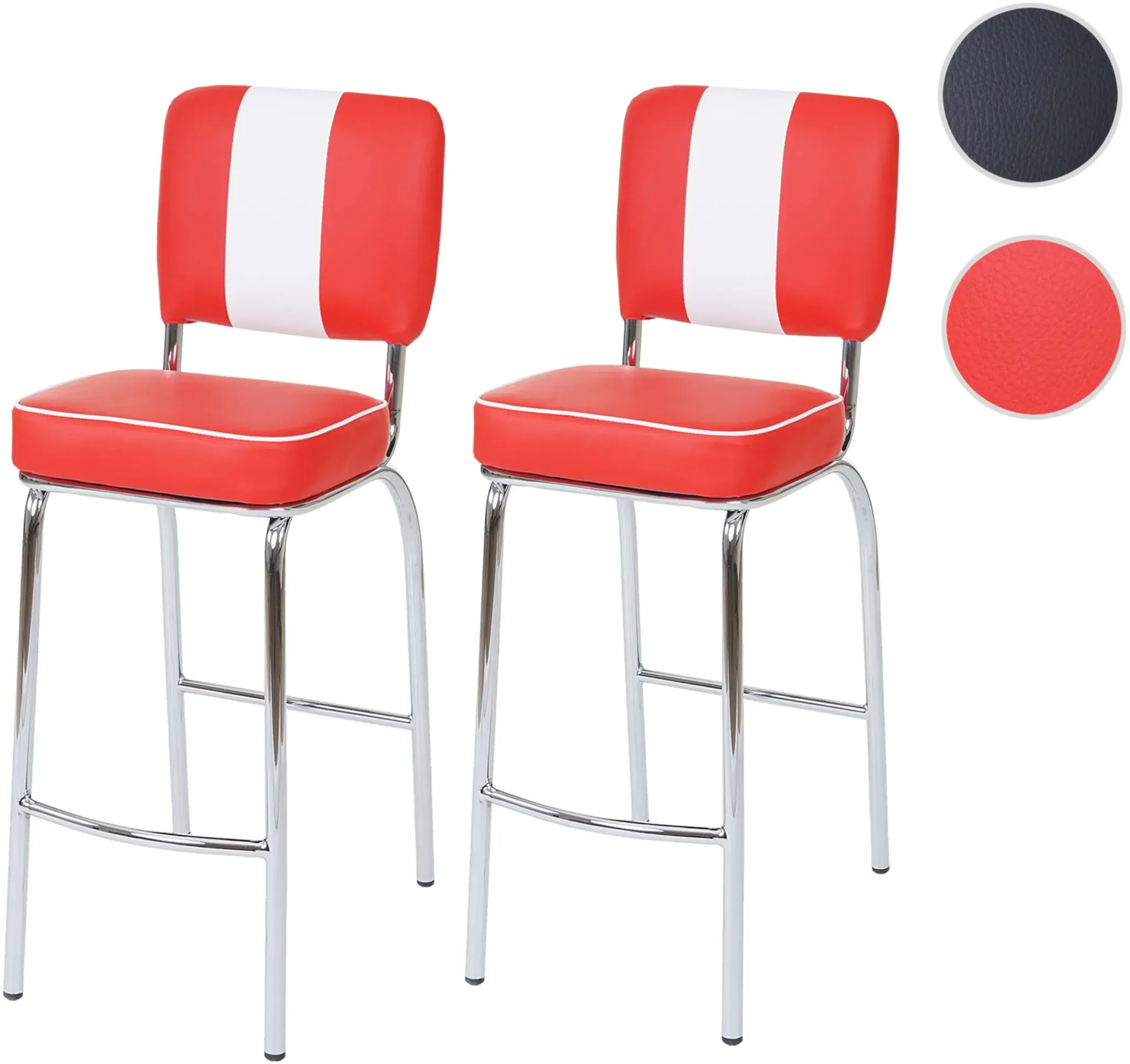 2er-Set Barhocker Avellino, Barstuhl Tresenhocker, Retro 50er Jahre Design, Kunstleder FSC® ~ rot-weiß