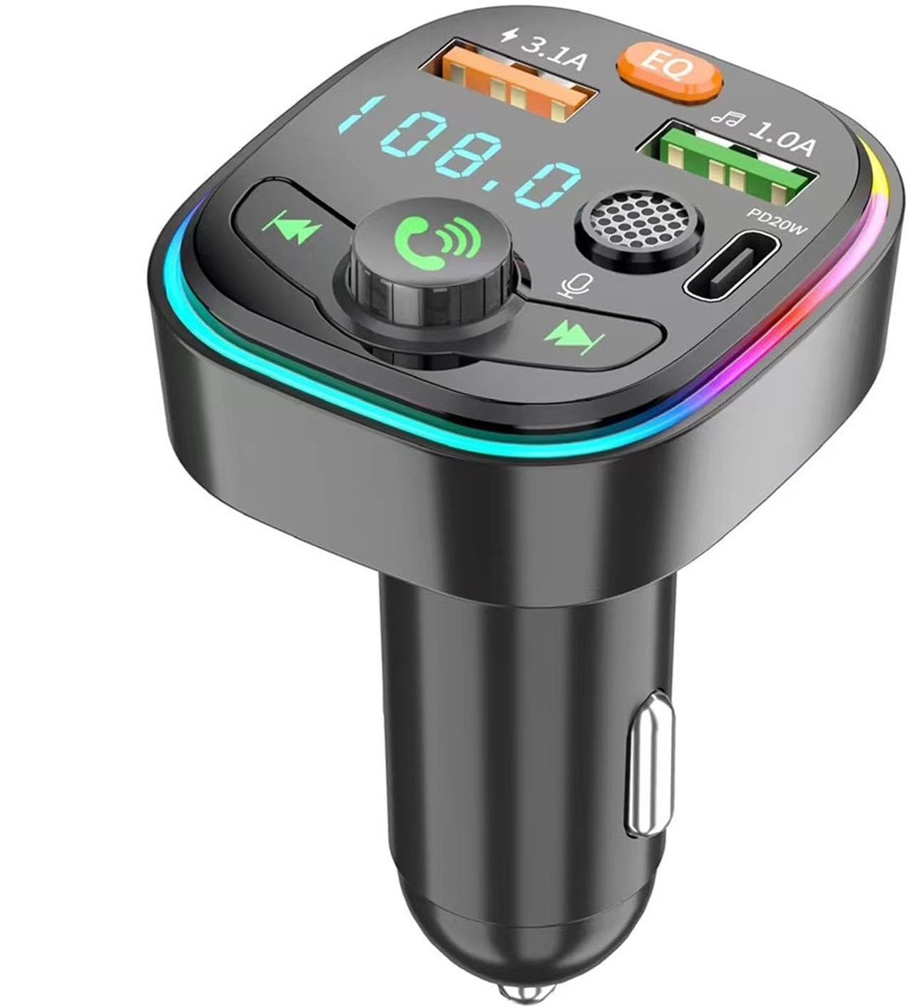 Petyoung Bluetooth-Adapter für KFZ-FM-Transmitter, Radio-Empfänger, USB-Typ-C-Autoladegerät mit 7 Farben Hintergrundbeleuchtung, Freisprecheinrichtung