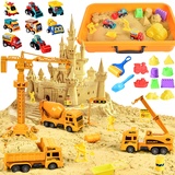 JONRRYIN Sand Sandbox Set, Spielsand Koffer mit 1kg Knetsand und 27pcs Baustelle Spielzeug, Zaubersand Sensorisch Sandspielzeug für Kinder Weihnachten und Geburtstag Geschenk