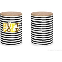 la-vida La Vida Vorratsdose Hüftgold Porzellan mit Bambusdeckel Streifen schwarz weiß gold 11x16cm - Schwarz/Weiß/Gold