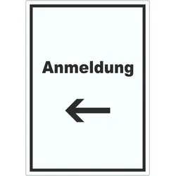 Anmeldung Aufkleber mit Text und Richtungspfeil links Aufnahme hochkant A9 (37x52mm)