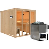 Woodfeeling Karibu Sauna Askja Superior mit Fronteinstieg 68 mm Ohne Dachkranz 9 kW Bio-Kombiofen inkl. Steuergerät, inkl. 8-teiligem gratis Zubehörpaket (Gesamtwert 191,92€)