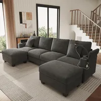 BTM 5 Sitzer Big Modulares Cordsofa U Form mit Schlaffunktion, Ecksofa mit Handyhalter, Wohnzimmer Eckcouch Gray