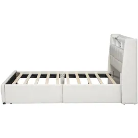 SOFTWEARY Stauraumbett mit LED-Beleuchtung, USB-Anschlüssen und Schubladen, 140x200 cm, Doppelbett, Leinen Beige