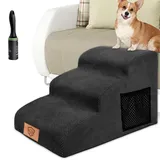 MASTERTOP Hundetreppe 3 Stufen, Hochdichter Schwamm Haustiertreppe Hundetreppe für kleine Hunde, rutschfest Tragbar Hunderampe Katzentreppe mit Waschbar Plüschbezug für Sofa Betten(Schwarz)