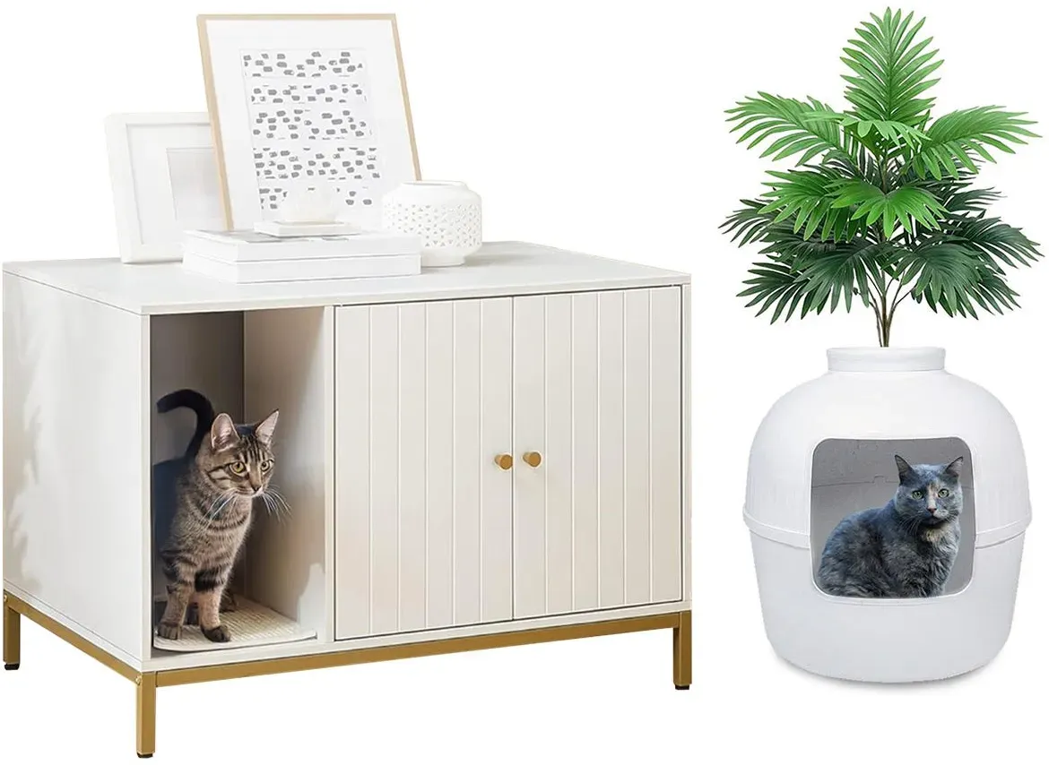 Set Feandrea Katzenklo-Schrank + Katzenklo mit Kunstpflanze Divit HK3 Katzentoilette mit Kratzmatte und Katzen Toilette