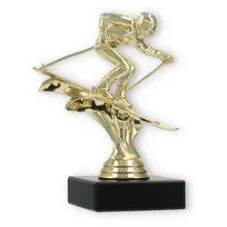 Pokal Kunststofffigur Ski Abfahrt gold auf schwarzem Marmorsockel 13,6cm