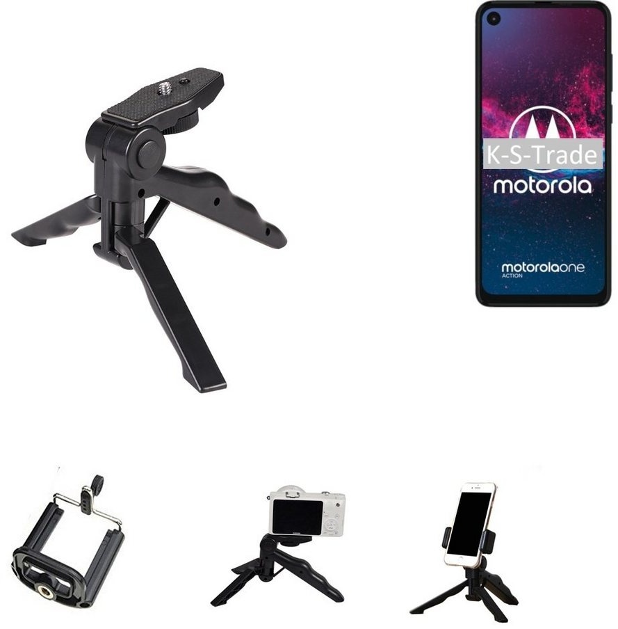 K-S-Trade für Motorola one action Smartphone-Halterung, (Stativ Tisch-Ständer Dreibein Handy-Stativ Ständer Mini-Stativ) schwarz