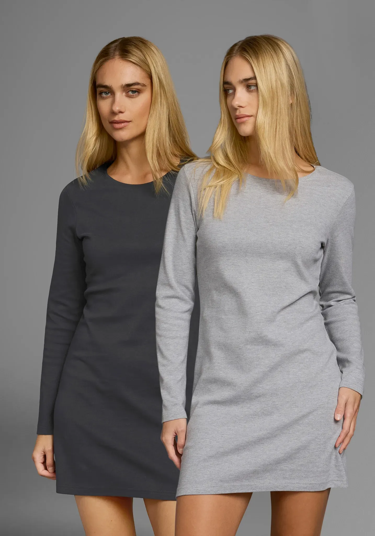Jerseykleid FLASHLIGHTS, Damen, Gr. 34, N-Gr, schwarz (schwarz, grau melange), Interlock, Obermaterial: 100% Baumwolle. Obermaterial 2: 90% Baumwolle, 10% Viskose. Obermaterial Melange: 90% Baumwolle, 10% Viskose, clean, unifarben, Basic, figurbetont Po-bedeckend, Kleider Jerseykleid, aus weichem Interlock-Stoff, figurnaher Schnitt, langärmlig
