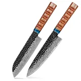 BILLION DUO Damast Messerset, Küchenmesser Set 2-tlg, 67 Schichten Damaststahl Kochmesser, Profi Chefmesser Santokumesser mit Kunstharz Handgriff mit Perlmuttplatten