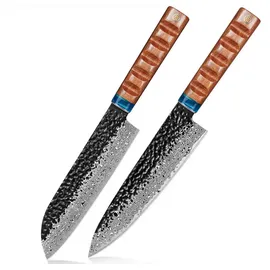 BILLION DUO Damast Messerset, Küchenmesser Set 2-tlg, 67 Schichten Damaststahl Kochmesser, Profi Chefmesser Santokumesser mit Kunstharz Handgriff mit Perlmuttplatten