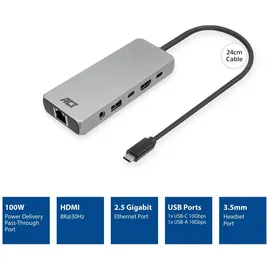 Act USB-C 4K / 8K 30Hz Docking-Station für 1 HDMI-Monitor, 2.5 Gigabit-Ethernet, USB-C 10Gbps, USB-A 10Gbps, 3.5mm Audio, PD Pass-Through