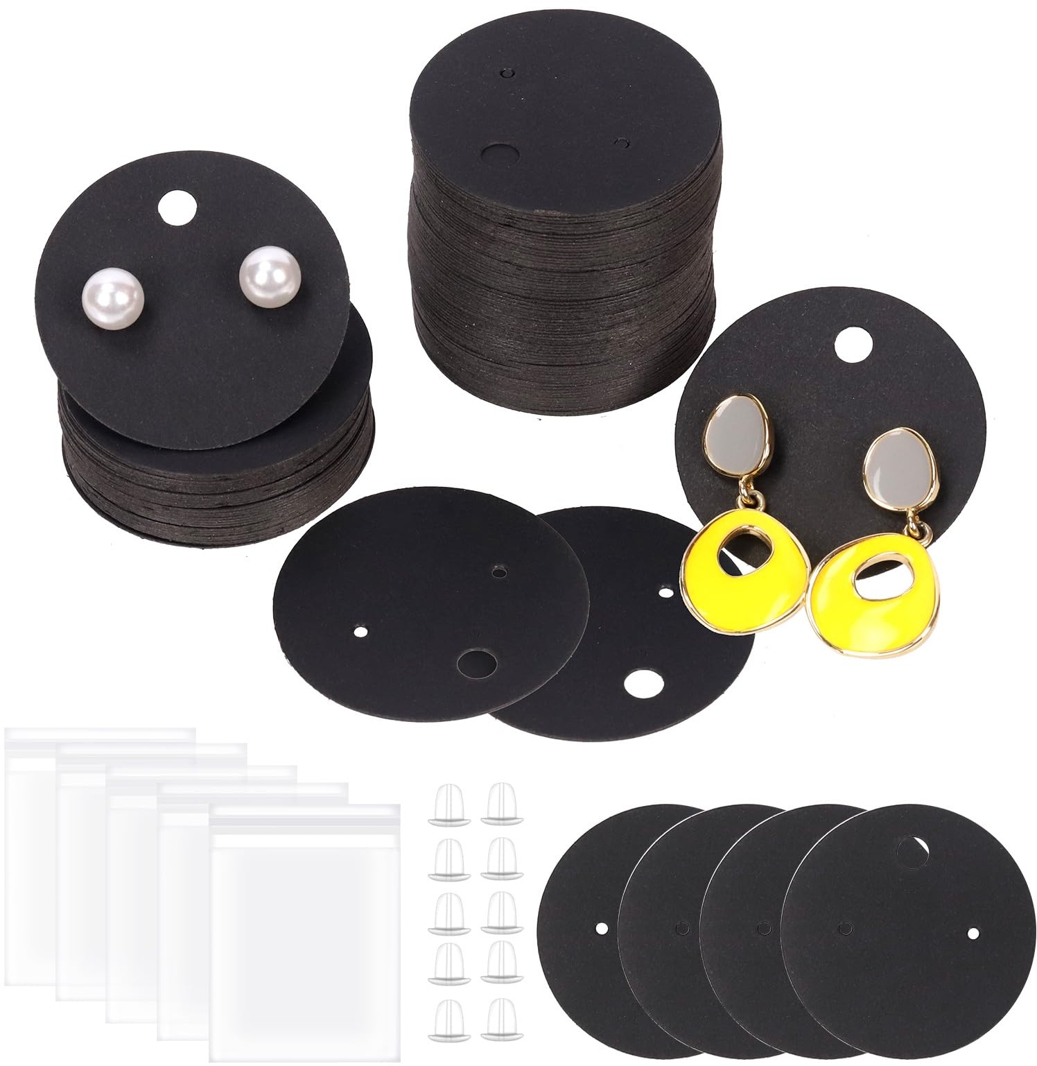 Tanstic 600Pcs Round Earring Display Cards Kit, 40mm/1.57" Earring Cards, Earring Card Holder, Earring Packing Cards with Earring Backs and Self-Sealing Bags for Jewelry Display(Black)