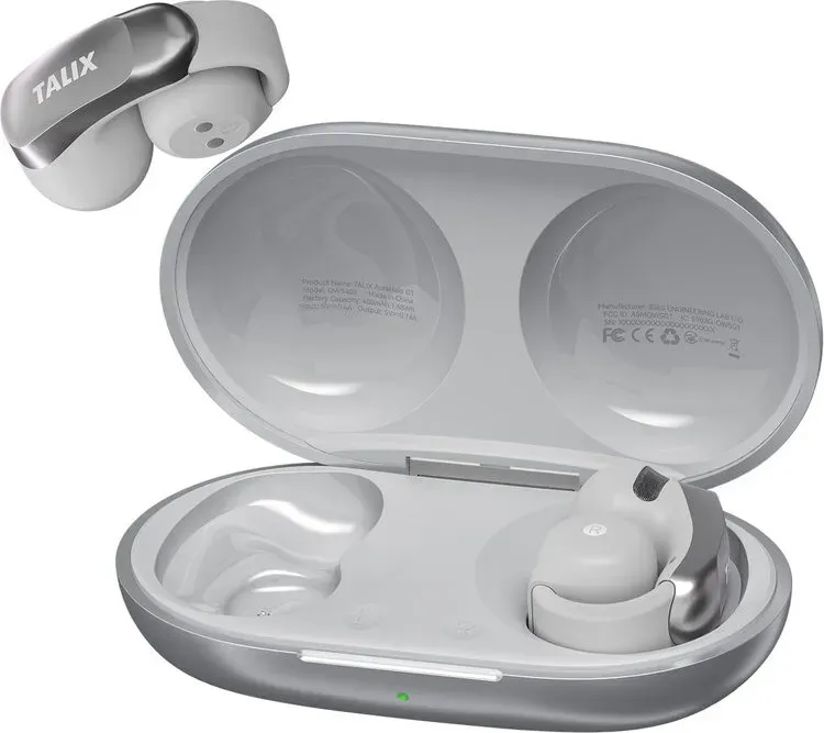 TALIX By Lenovo Ultra-leichte Clip-On Bluetooth-Ohrhörer, klare Anrufe mit 4 Mikrofonen, 28 Std. Akku, Schnellladung, Bluetooth 5.3, IPX4 wassergeschützt, Silikon-Ohrbügel, G1, Grau