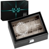 Maverton Uhrenbox mit Gravur für 12 Uhren - 30x20x8cm - Uhrenkasten aus Kunstleder - Schwarz - Geschenk für Männer - Zifferblatt