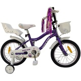 Makani Kinderfahrrad Aurora 16 Zoll Stützräder, Metallrahmen, Korb, Puppensitz lila