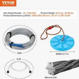 Vevor Zipline Seilrutsche, 35,58 m Seilbahn, Zip Line Kit für Kinder und Erwachsene.) bis 150 kg, Backyard Zip Line Kit mit Verbessertem Federbremssystem, Seilbahn Garten (Nur für Teenager. Nicht für