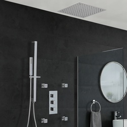 Dusch-Thermostat mit Umsteller, 400x400mm Decken-Duschkopf, Brausestangenset und Massagedüsen, Chrom - Kubix, von Hudson Reed