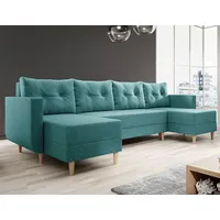 Easy4You Ecksofa Türkis BALDUR U-Form – 303x93x145 cm - Schlafsofa mit Bettkasten und Schlaffunktion - Eckcouch mit Stauraum, Holzfüße und Kis... - Türkis