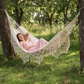 outtec Outtec® Hängematte - 200x150 cm, bis 200kg - Boho Baumwoll Hammock für Outdoor, Garten, Balkon, - für Kinder und Erwachsene, Beige