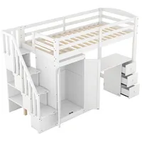 Welikera Bett 90 x 200cm Hochbett mit Kleiderschrank,Treppe,Schreibtisch,Schubladen, Schrank in einem,weiß, bett Jugendbett Holzbett weiß