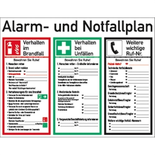 Schild Alarm- und Notfallplan ISO 7010, Kunststoff, 620x480 mm