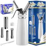 NEMT Sahnespender 0,5 L Sahnesiphon weiss + 10 Sahnekapseln 500 ml Sahnespender Aluminium mit Edelstahl Düsen und Reinigungbürste, Auslaufsicherer Sahnebereiter für Schlagsahne, Creme, Mousse