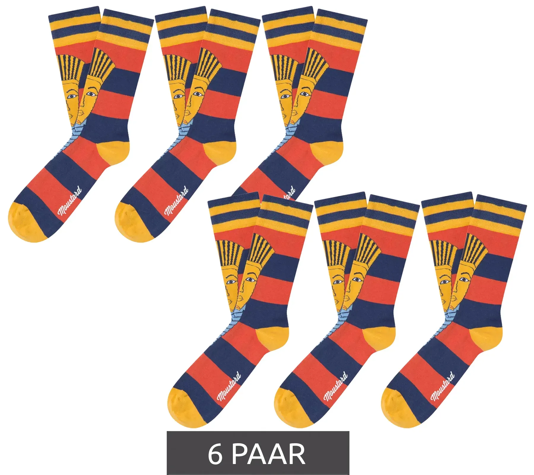 6 Paar Moustard Baumwoll-Socken mit Abbildung des Pharaos Tutanchamun gestreifte lange Strümpfe 20S-TUTAN Blau/Rot/Gold - 36-40