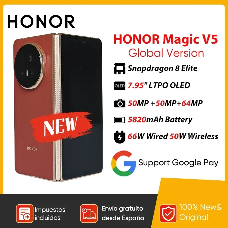 Neue HONOR Magic V5 Global Version Original 5G Smartphone Dual HDR OLED Display Snapdragon 8 Elite 5820 mAh 7,95