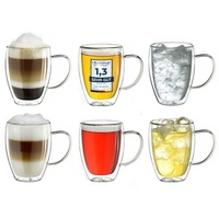 Creano doppelwandiges Thermoglas mit Henkel 400ml, großes Doppelwandglas aus Borosilikatglas, Kaffeegläser, Teegläser, Latte Gläser 6er Set