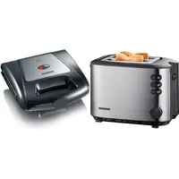 SEVERIN Sandwich-Toaster, 3-in-1 Funktion (Sandwich-, Grill-, Waffelplatte), 1.000 W, SA 2968, EDS-geb./ schwarz & Automatik-Toaster, Inkl. Brötchen-Röstaufsatz, 850 W, AT 2514, Edelstahl/Schwarz