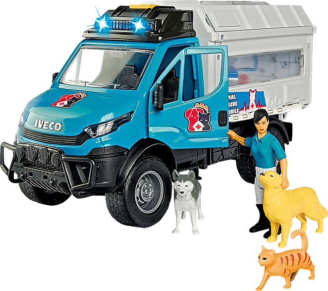 DICKIE-TOYS Tierrettung Set, Iveco Truck, ausklappbare Tierpraxis, Licht & Sound Spielzeugauto Blau