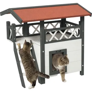 PawHut Katzenhaus mit Asphaltdach, 2-stöckig, Katzenhütte mit Balkon, Treppe, -