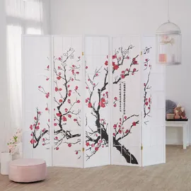 Homestyle4u Paravent Weiß Holz Shoji Reispapier Kirschblüten Shoji