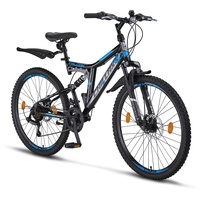 Chillaxx Bike Falcon Premium Mountainbike in 24 und 26 Zoll - Fahrrad für Jungen, Mädchen, Damen und Herren - Scheibenbremse- 21 Gang-Schaltung - Vollfederung (26 Zoll, Schwarz-Blau Disc-Bremse)