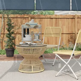 Outsunny Beistelltisch Rattan, Ø60 cm Couchtisch Gartentisch mit Tischplatte aus Hartglas
