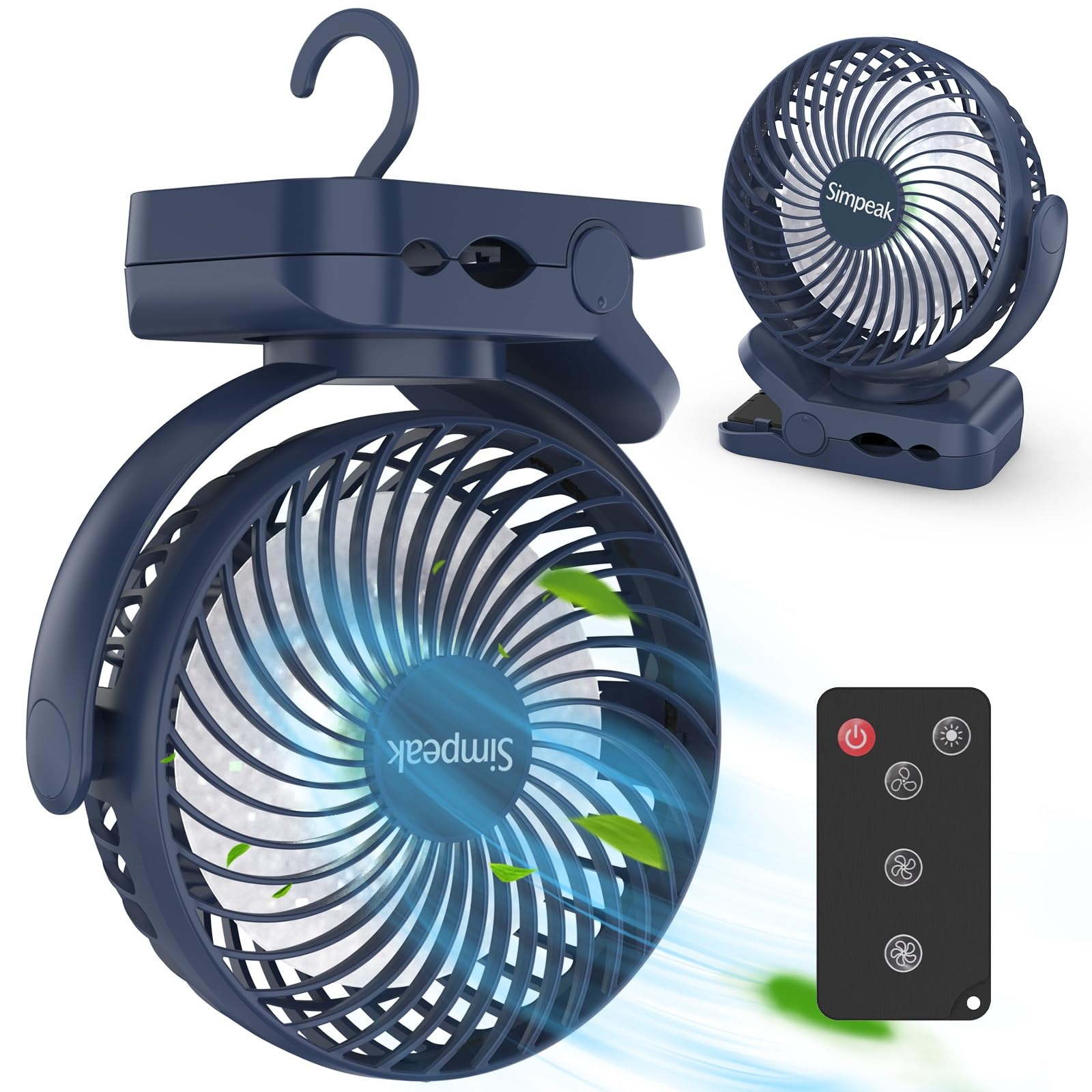 Simpeak 8000mAh Camping Ventilator Tischventilator, Mini USB Ventilator leise, Clip Fan mit Fernbedienung und LED Licht [3 Geschwindigkeit] [720° Drehung] - Blau