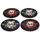 4 Glas Getränke Kork Untersetzer mit Totenkopf Skull Totenschädel Rosen Motiv Gothic