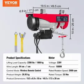 Vevor elektrische Seilwinde 1000kg Hubhöhe 12m Seilzug Motorwinde 1600W Motor Flaschenzug 10m/min Hubgeschwindigkeit Hebezug mit Kabelloser Fernbedienung