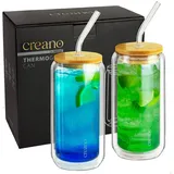 Creano doppelwandige Trinkgläser mit Bambusdeckel & Strohhalm 360ml - Smoothie Becher - Bubble Tea - Cocktailglas - 2er Set